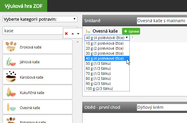 ZOF - volba množství potraviny